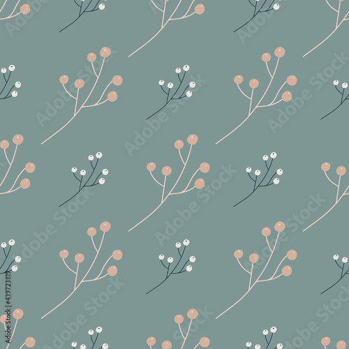 Floral seamless pattern with white and pink colored simple berries shapes. Pale blue background. Abstract style. © smth.design