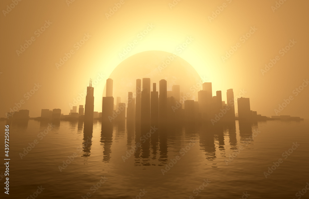 Surreal 3D Cityscape On Water Eclipsed In Hazy Fog