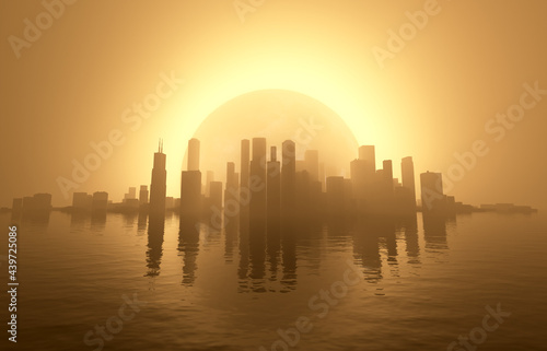 Surreal 3D Cityscape On Water Eclipsed In Hazy Fog