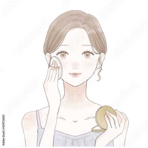 パウダリーファンデーションをパフで顔に塗る女性