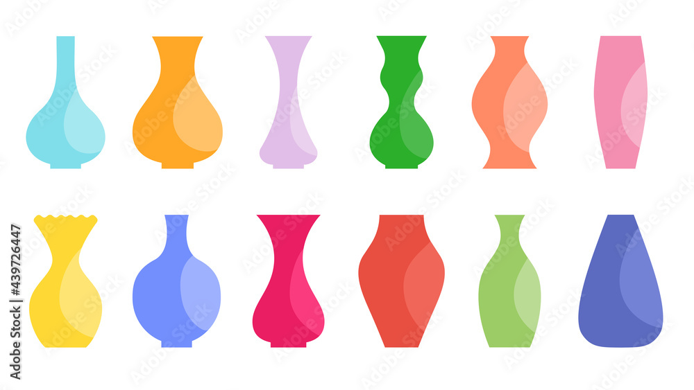Vases of various bright beautiful colors with light on the right side. Vector flat. Design element for a postcard, for a bouquet of flowers, dry herbs. Decorative object for printing and textiles. Vases of various bright beautiful colors with light on the right side. Vector flat. Design element for a postcard, for a bouquet of flowers, dry herbs. Decorative object for printing and textiles.