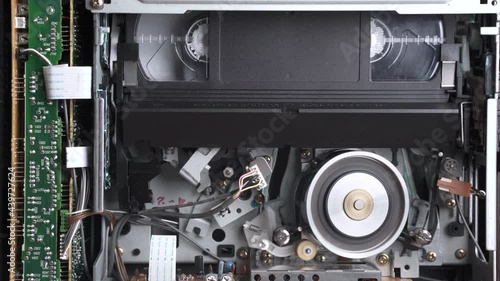 Video cassette player working, VHS insert, play, rewind, stop, eject