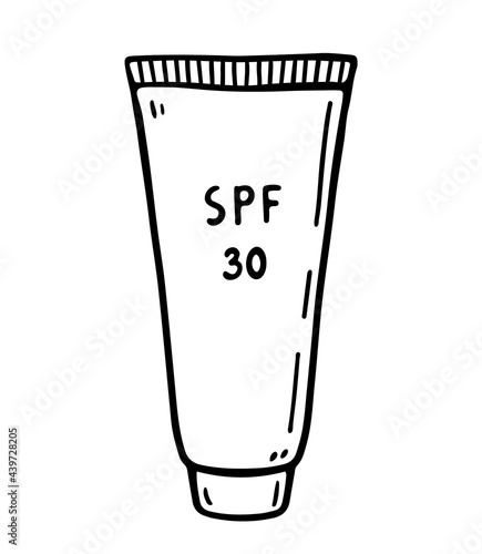 Tube of sunscreen isolated on white background. Lotion 30 SPF for protection from ultraviolet light. Vector hand-drawn illustration in doodle style. Perfect for your project, card, decorations.