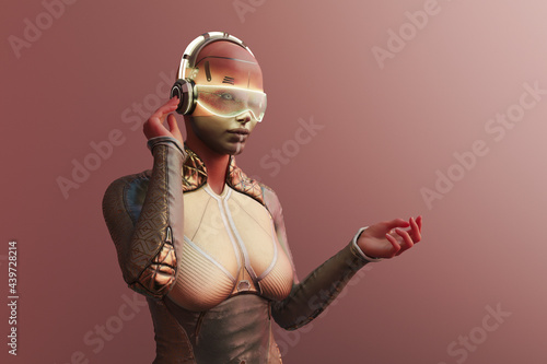 Futuristic woman with glowing interactive glasses photo