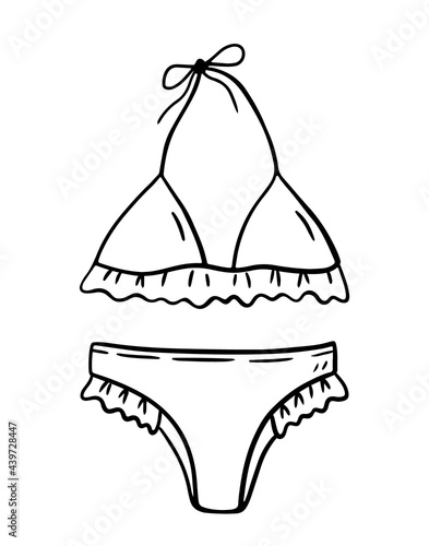 Female bikini swimsuit isolated on a white background. Summer beachwear. Vector hand-drawn illustration in doodle style. Perfect for your project, card, logo, decorations.