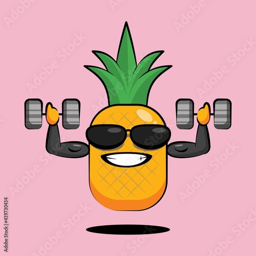 Cool pineapple cartoon training body muscle with two barbells vector illustration design