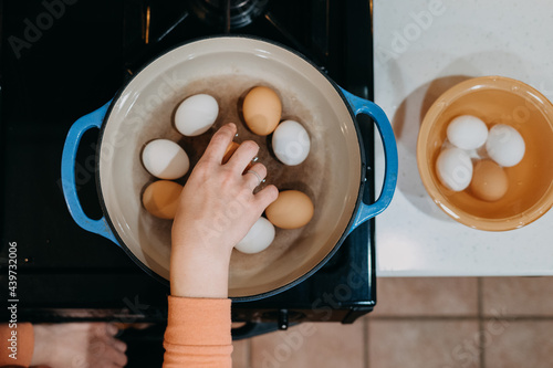 A Woman Places an Egg in a Pot photo