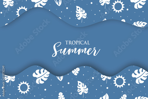 Summer card with wave blue background in papercut style and tropical palm leaves design.