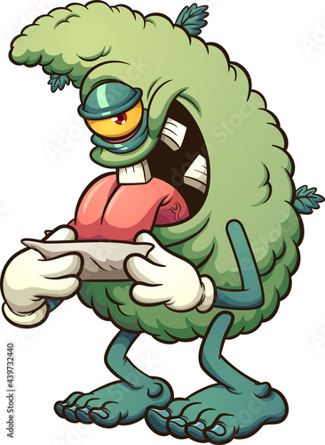 Marijuana bud licking a joint and looking at the camera. Vector clip art illustration with simple gradients. All in a single layer. 
