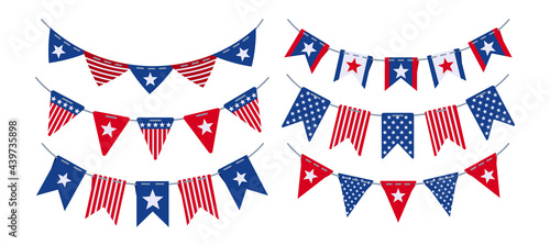 Garland bunting flag American Independence Day flat set. USA celebration party hanging flags. Patriotic buntings pennants striped decoration. Happy 4th of July happy independence festival Vector