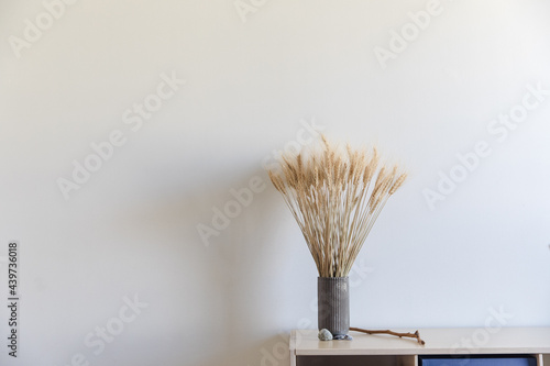 Interior photo of a vase, a stick and some rocks on top of a bookcase photo