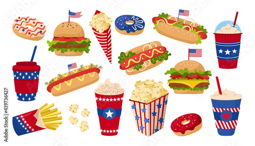 Fast food set American Independence Day with flag. Hamburger, cup coffee to go and donut, hot dog, popcorn USA flags collection. American patriotic independence festival. Vector illustration