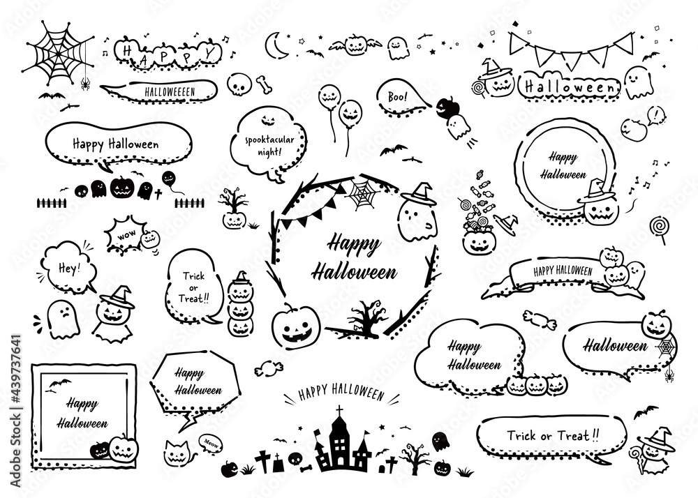 ハロウィンの吹き出しセット 線画白黒 ペン画 墨だまり線 文字入り Stock Vector Adobe Stock