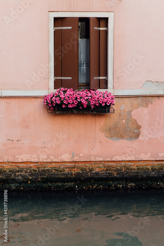 Pink flowers in a window box over a Venice canal photo