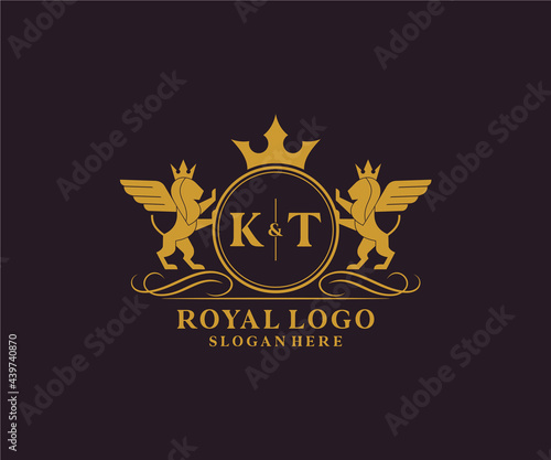 Initial KT Letter Lion Royal Luxury Heraldic,Crest Logo template in vector art for Restaurant, Royalty, Boutique, Cafe, Hotel, Heraldic, Jewelry, Fashion and other vector illustration.