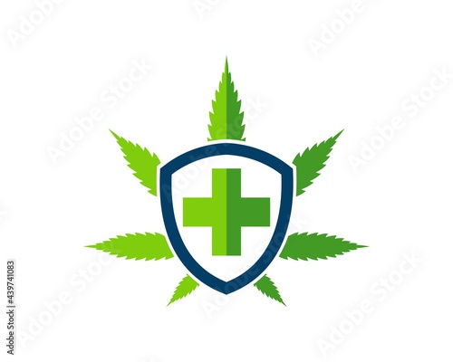Cannabis leaf with shield and medical cross inside