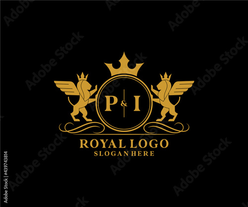 Initial PI Letter Lion Royal Luxury Heraldic,Crest Logo template in vector art for Restaurant, Royalty, Boutique, Cafe, Hotel, Heraldic, Jewelry, Fashion and other vector illustration.