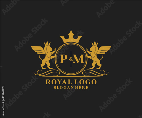 Initial PM Letter Lion Royal Luxury Heraldic,Crest Logo template in vector art for Restaurant, Royalty, Boutique, Cafe, Hotel, Heraldic, Jewelry, Fashion and other vector illustration.