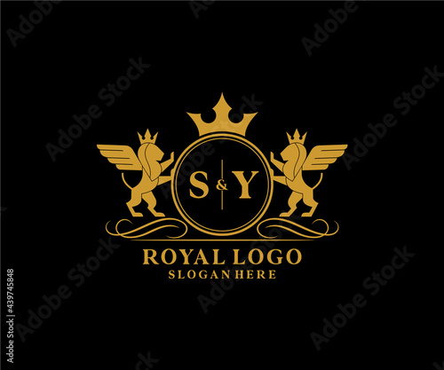 Initial SY Letter Lion Royal Luxury Heraldic,Crest Logo template in vector art for Restaurant, Royalty, Boutique, Cafe, Hotel, Heraldic, Jewelry, Fashion and other vector illustration. photo