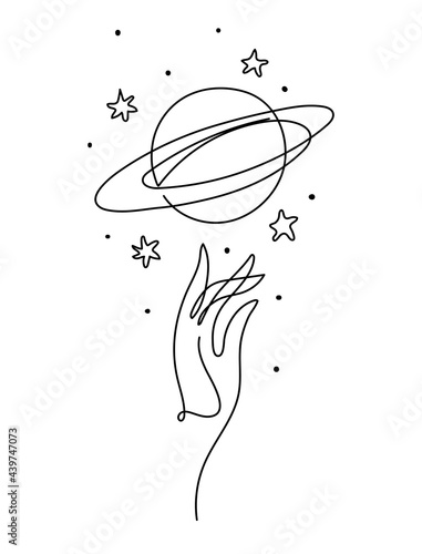 Hand and planet Saturn with rings, aesthetic line drawing, space icon, vintage tattoo for witch, astrological boho symbol. Vector illustration isolated on white background.