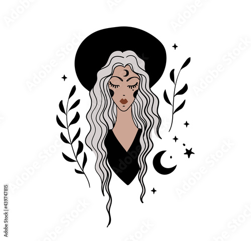 Vintage woman portrait, hipster girl, boho tattoo for witch. Bohemian vintage line illustration, female face icon, social media avatar. Vector illustration isolated on white background.