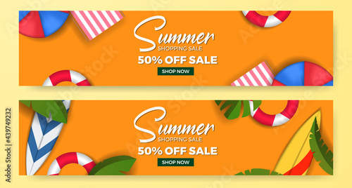 Summer sale offer banner template with flat lay illustration top view beach element and green tropical leaves