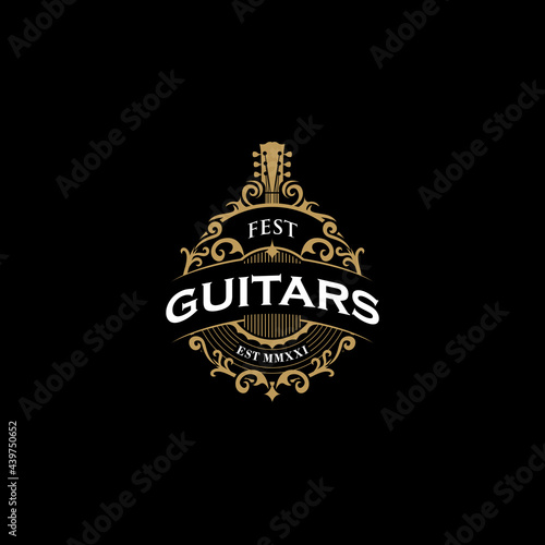 Vintage Guitars Logo with Abstract and Black Background with Gold Floral 
