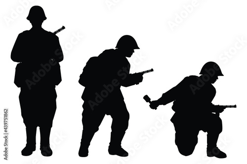 Set of Soviet unions soldier with a rifle gun  during world war 2 silhouette vector on white background
