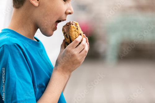 Boy Taking A Big Bite Of Ice Cream Cookie photo