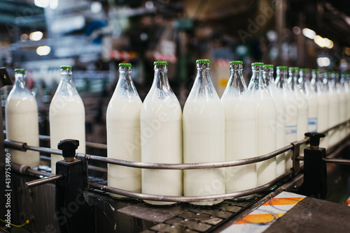 Milk bottles in a milk factory photo