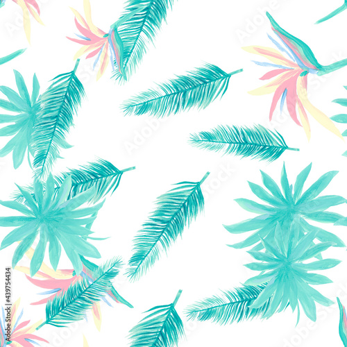 Blue Pattern Exotic. Indigo Seamless Palm. Cobalt Tropical Background. White Flower Vintage. Azure Floral Design. Wallpaper Background. Decoration Leaf.