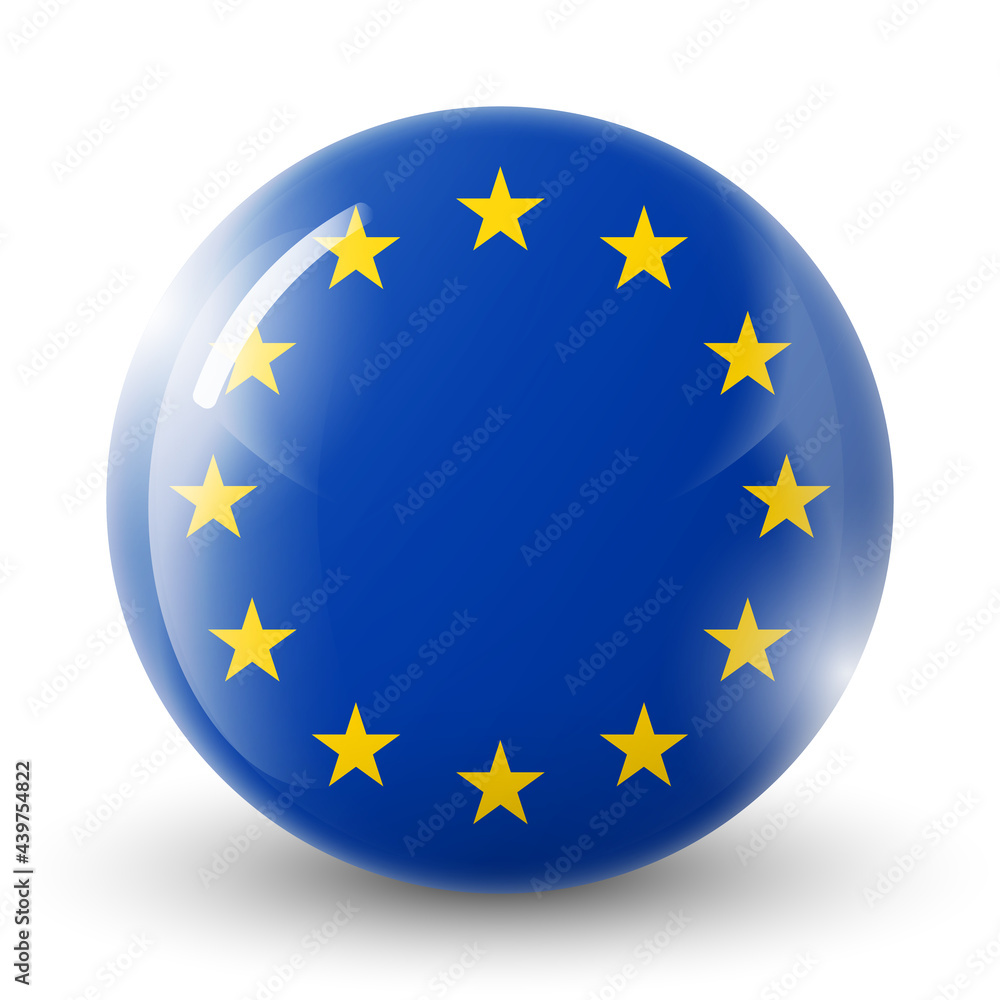 Glass light ball with European Union flag. Round sphere, template icon. EU national symbol. Glossy realistic ball, 3D abstract vector illustration highlighted on a white background. Big bubble Glass light ball with European Union flag. Round sphere, template icon. EU national symbol. Glossy realistic ball, 3D abstract vector illustration highlighted on a white background. Big bubble