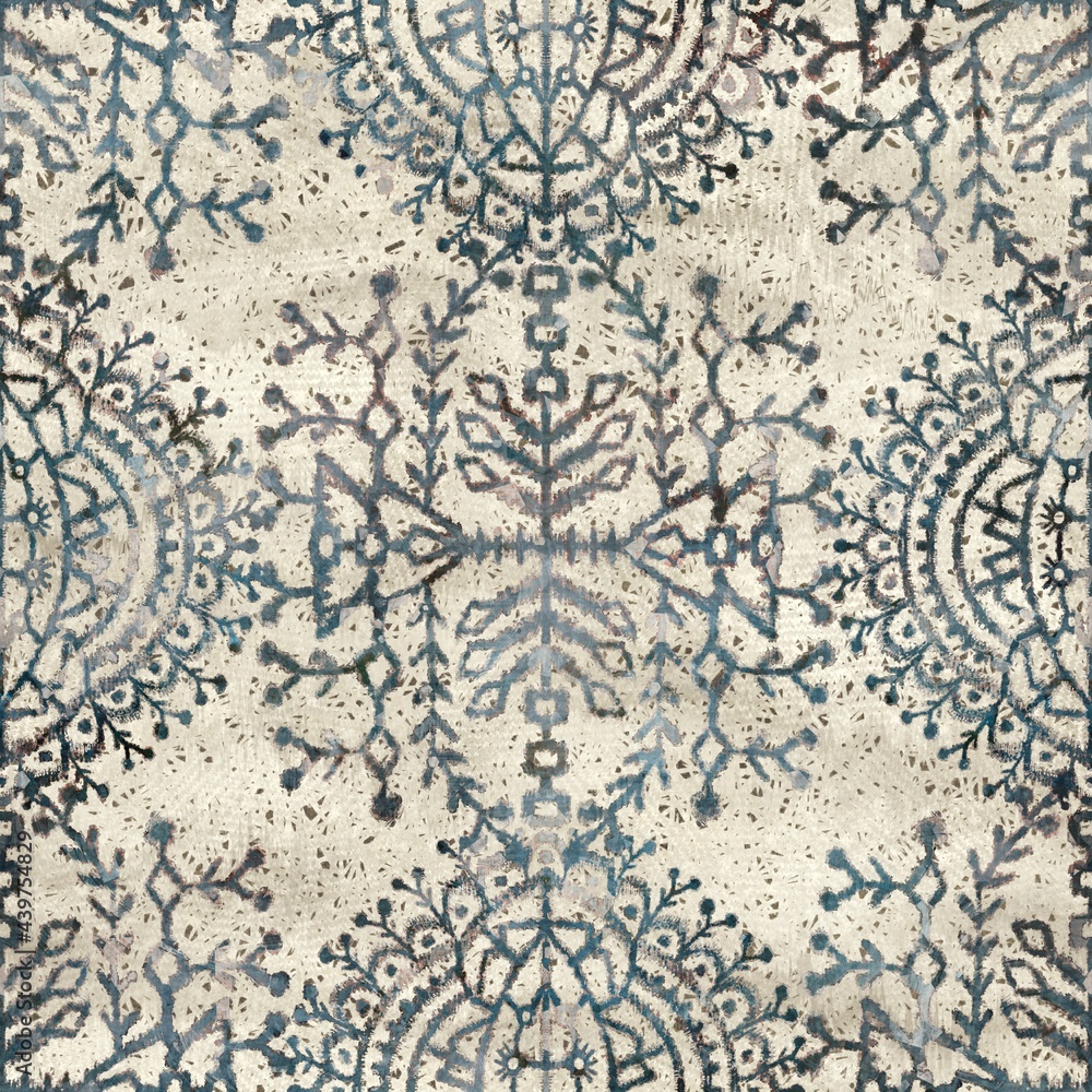Seamless grungy tribal ethnic rug motif pattern. High quality illustration. Distressed old looking native style design in faded teal and cream colors. Old artisan textile seamless pattern. Seamless grungy tribal ethnic rug motif pattern. High quality illustration. Distressed old looking native style design in faded teal and cream colors. Old artisan textile seamless pattern.
