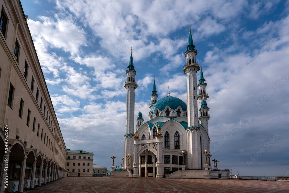 Kul Sharif Mosque in the Kazan Kremlin on a sunny spring morning with clouds, Kazan, Tatarstan, Russia.