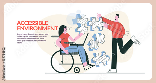 Disabled student in wheelchair Accessible environment concept flat vector illustration. Girl with physical disabilities and her friend. Inclusive education, collaborative teamwork. Web banner template