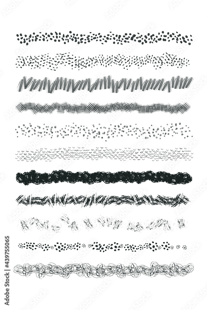 Set of vector grunge graphite pencil art line brush template. Ink textures of different shapes. Collection of hand drawn brush strokes, scribble design elements isolated on white background