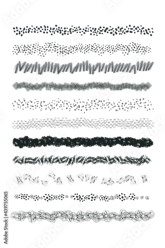 Set of vector grunge graphite pencil art line brush template. Ink textures of different shapes. Collection of hand drawn brush strokes, scribble design elements isolated on white background