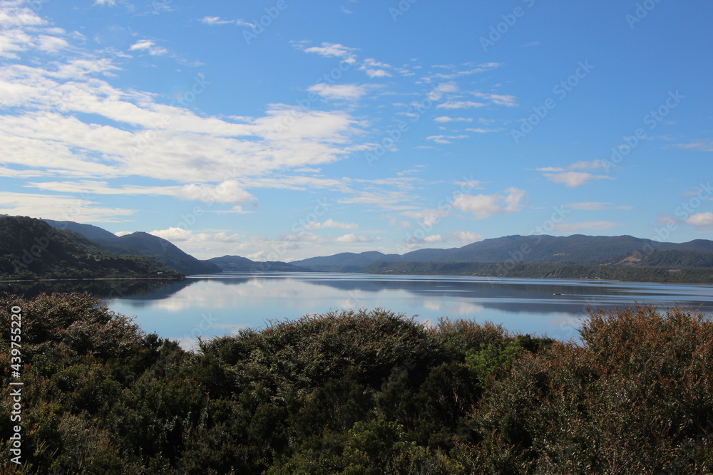 View across a lake on Chiloe Island, southern Chile.