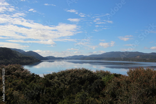 View across a lake on Chiloe Island, southern Chile.