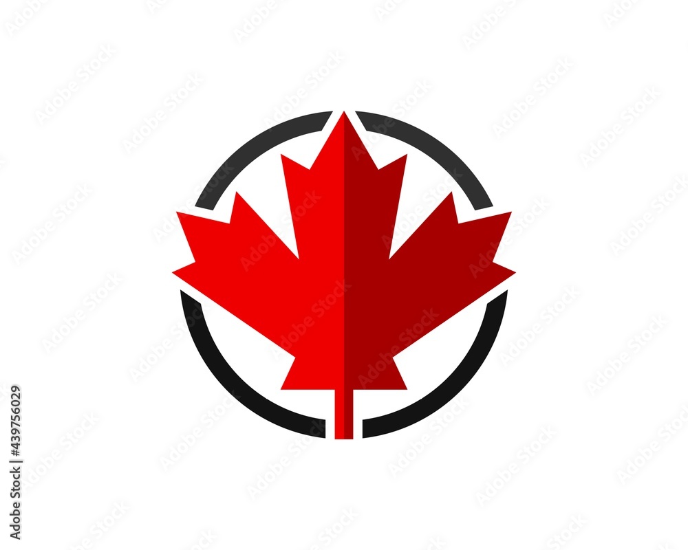 Circle shape with red maple leaf inside Circle shape with red maple leaf inside