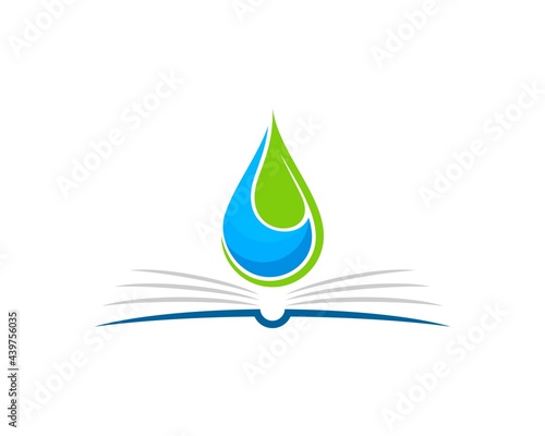 Abstract opened book with water drop and half of leaf