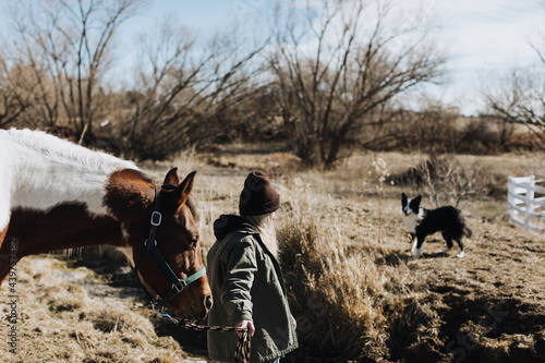 Woman with Horse and Dog on Farm photo