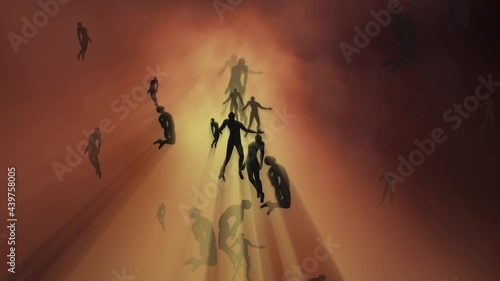 People falling from heaven . Fallen angels . Humans returning to Earth plane.  Reincarnation. People crossing over  from Heavenly interdimensional portal. 3d animation render photo