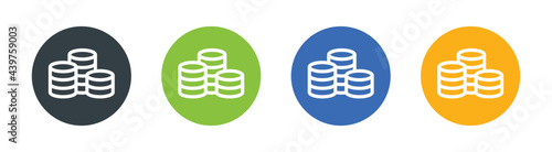 Stack of money coin icons set. Circle button isolated on white background. Cash money concept