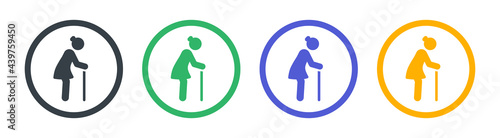 Old woman walk with cane icon sign. Vector illustration