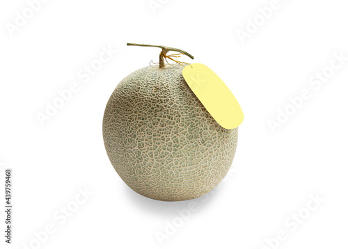 Melon or Cantaloupe with brand label tag on white background. Organic tropical fresh fruit.