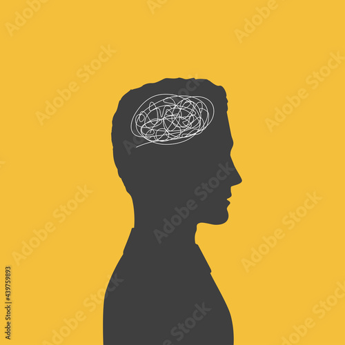 Silhouette profile of man with messy lines in his head - metaphor of chaotic, rapid, racing thoughts. Poster of concentration difficulty, distraction, anxiety, OCD, ADHD and other mental disorders.