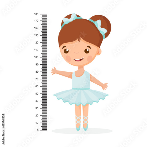 Kids meter wall with a cute cartoon girl and measuring ruler. Vector illustration of an girl isolated background.