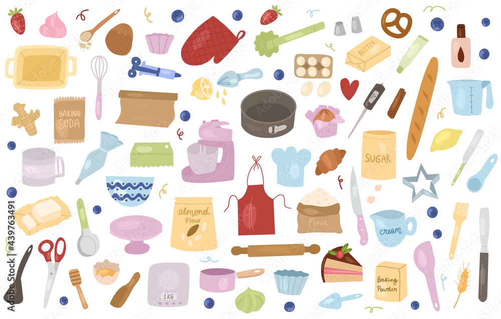 Cartoon baking tools and ingredients: Mixer, whisk, eggs, flour, baking powder, rolling pin etc. Cartoon baking tools and ingredients: Mixer, whisk, eggs, flour, baking powder, rolling pin etc.
