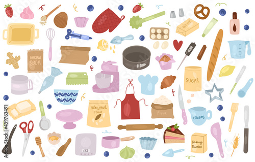 Cartoon baking tools and ingredients: Mixer, whisk, eggs, flour, baking powder, rolling pin etc.